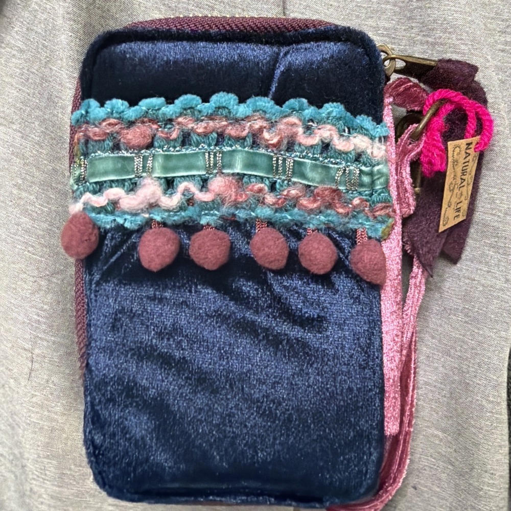 NWT Natural Life Velvet Wristlet Wallet Boho Pom Pom Trim ID Window Eclectic